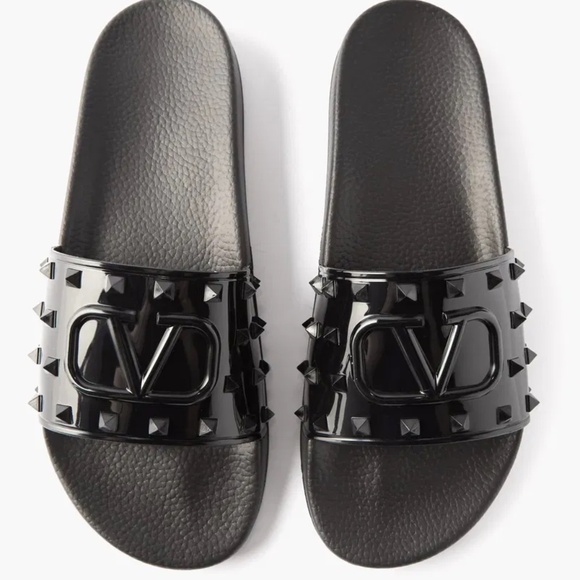 VALENTINO Slides V-Logo Rockstud PVC Black Men's 42 / 9US NEW 525$ - Picture 1 of 8